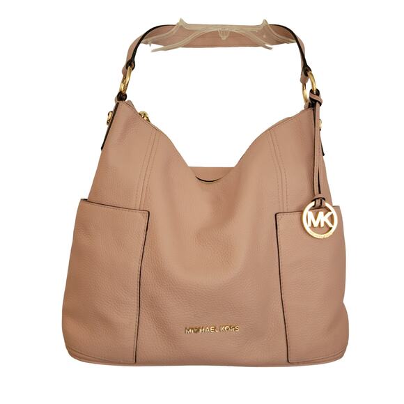 Michael Kors Jet Set Large Pebbled Leather Tote Purse Charm Pockets Beige Logo - Picture 1 of 12